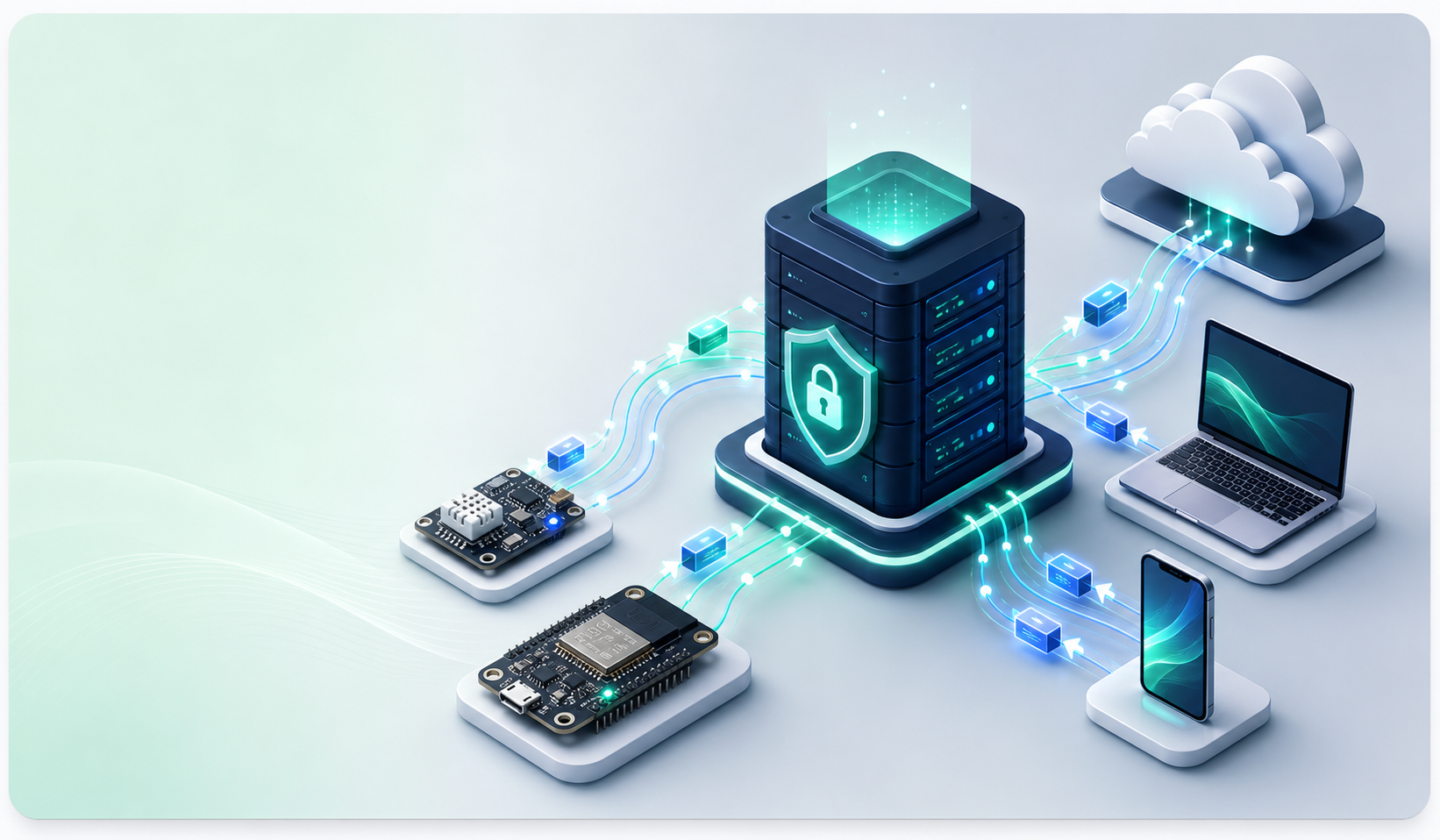 Secure MQTT broker connecting IoT boards, cloud services, computers, and mobile devices